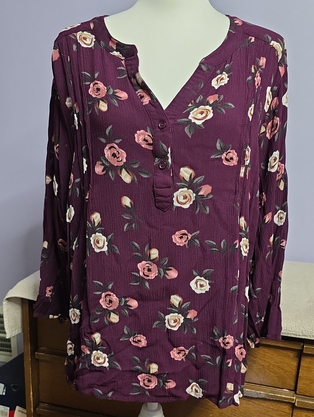 Women's Floral Henley Blouse - Plum With Flowers